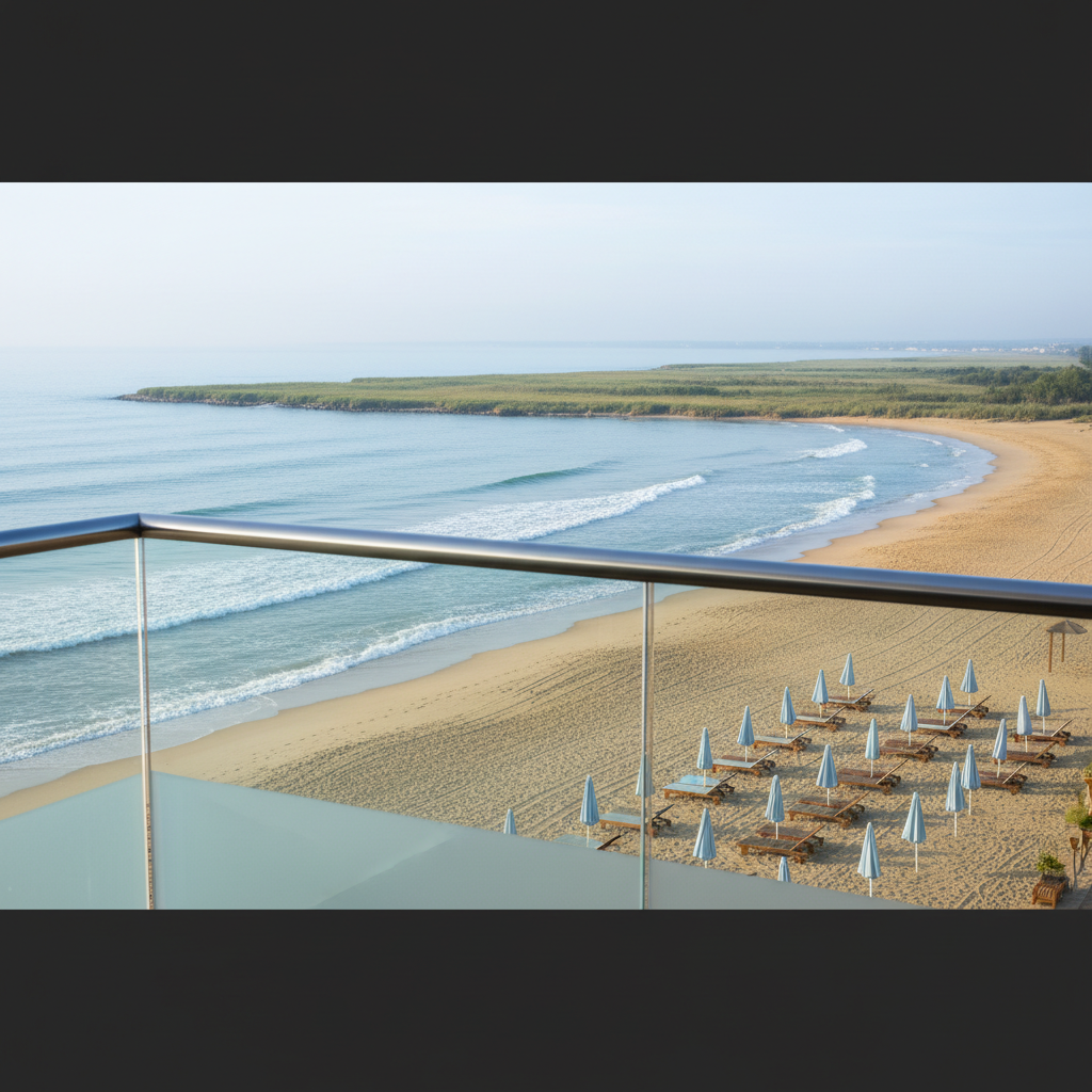A tranquil panoramic view of the Delta del Ebro coastline near La Ràpita as seen from the height of a beachfront apartment complex, subtly suggesting the location of Apartamentos Golden Beach without showing buildings in detail. The foreground includes a discreet hint of a glass balcony edge, while the middle ground reveals an expansive sandy beach, delicate waves lapping at the shore, and a few orderly lines of umbrellas and sun loungers without visible people. In the distance, the lush green wetlands of the delta meet the soft blue horizon. Captured in photographic realism during early morning with cool, gentle light and a faint mist, shot from a slightly elevated viewpoint for an elegant, serene travel atmosphere.