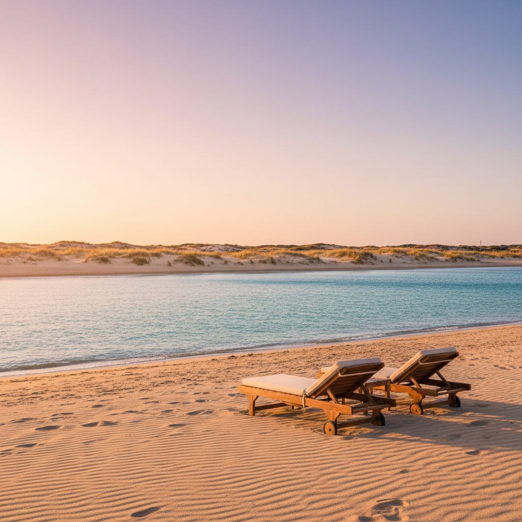 An expansive photographic view of one of the quiet beaches near La Ràpita at the Delta del Ebro, intended to complement imagery of Apartamentos Golden Beach. The foreground shows fine, smooth sand with subtle wave patterns and a neatly placed pair of empty wooden sun loungers with light fabric, angled toward the sea but without any people. The mid-ground reveals shallow, crystalline water with gentle ripples, while the background displays low dunes with sparse coastal vegetation and a wide, open sky. Captured during golden hour with warm, low sunlight casting long, soft shadows, the composition uses the rule of thirds and sharp focus throughout to create a serene, sophisticated and inviting seaside atmosphere.