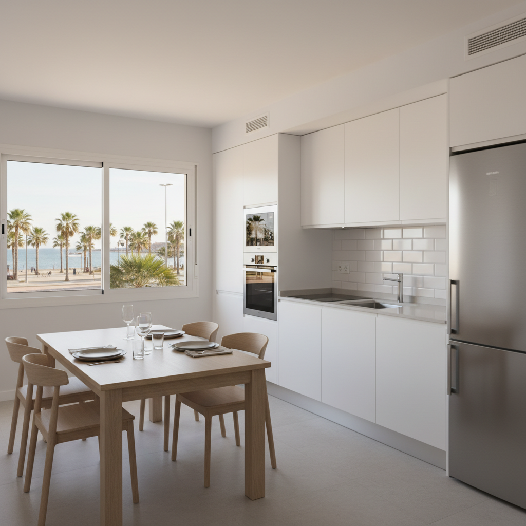 A bright, modern open-plan kitchen and dining area inside a coastal holiday apartment, featuring handleless white cabinetry, a light-gray quartz countertop, and integrated stainless-steel appliances. A refined light-wood dining table sits nearby, set simply with neutral-toned ceramic plates and clear glassware, overlooking a large window that frames a glimpse of palm-lined promenade in La Ràpita and the distant Delta del Ebro shoreline. Soft midday daylight fills the room, producing clean, subtle reflections on the countertop and a gentle glow on the matte white walls. Photographic realism, shot from an eye-level, slightly wide-angle perspective, with a clean, minimalist composition emphasizing sophistication, functionality, and the sense of staying in a high-end vacation apartment by the sea.