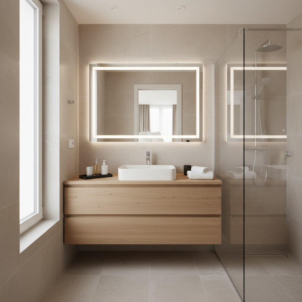 A stylish, meticulously maintained holiday apartment bathroom, with large-format light-beige tiles, a floating oak vanity with a rectangular white vessel sink, and a frameless glass shower enclosure. The mirror above the vanity subtly reflects a hint of an adjacent bright bedroom, suggesting generous space. A small black stone tray holds neatly folded white towels and a few minimalist toiletries, adding a touch of luxury. Soft, diffused ceiling lighting combines with indirect natural light from a frosted window, creating gentle highlights on chrome fixtures and a calm, spa-like feel. Photographic realism, captured from a straight-on, eye-level perspective, with a balanced, symmetrical composition to convey cleanliness, sophistication, and comfort ideal for a high-end vacation rental.