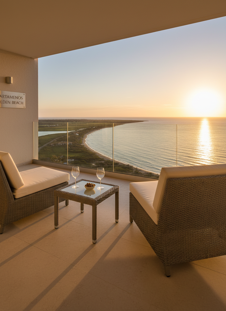 An inviting sea-view balcony of a vacation apartment at Apartamentos Golden Beach, furnished with two elegant taupe wicker lounge chairs with cream cushions and a slim, frosted-glass-topped table. The balcony’s sleek glass railing reveals a panoramic view of La Ràpita’s gently curving coastline, tranquil Mediterranean waters, and the green landscapes of the Delta del Ebro in the background. Captured at sunset in photographic realism, warm golden light bathes the scene, highlighting the subtle texture of the wicker and casting elongated shadows on the smooth stone floor. Shot from a low, slightly angled perspective toward the horizon, the composition feels sophisticated, calm, and perfect for showcasing relaxing evenings by the sea.