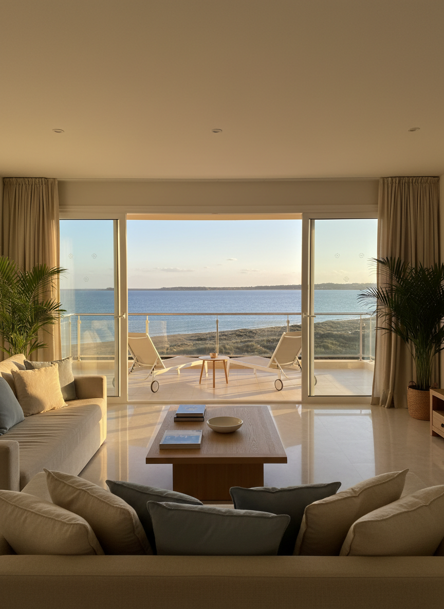 A spacious, elegantly furnished vacation apartment living room at Apartamentos Golden Beach, featuring a large sand-colored linen sofa with plush cushions, a low oak coffee table with a subtle matte finish, and floor-to-ceiling glass doors opening to a wide balcony. Beyond the railing, the calm blue waters of the bay at La Ràpita and a strip of golden Delta del Ebro beach stretch into the distance. Late afternoon golden hour light pours in, creating soft reflections on the polished porcelain floor and gentle shadows behind decorative plants. Photographic realism, shot at eye level with a wide-angle lens, sharp focus throughout, conveying a sophisticated yet relaxed seaside escape ideal for a travel website hero image.
