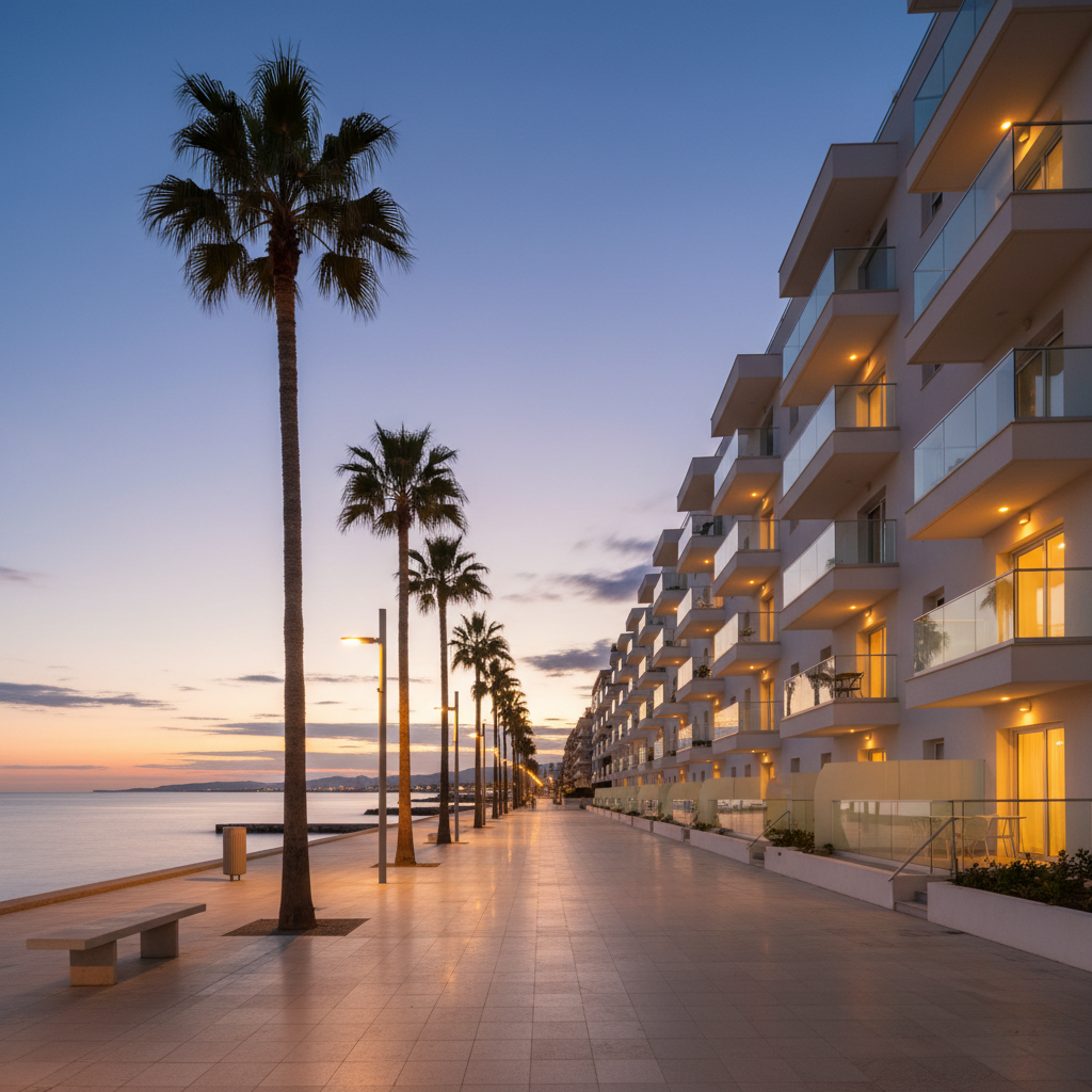 A refined twilight exterior view of a modern beachfront apartment building housing Apartamentos Golden Beach in La Ràpita, without any branding or text. The architecture is clean and contemporary, with white facades, generous glass balconies, and warm interior lights softly glowing through the windows. In front, a quiet palm-lined promenade leads toward the gently illuminated coastline and calm Mediterranean waters. The sky transitions from deep blue to soft orange near the horizon. Photographic realism, shot from street level with a slightly upward angle, using a long exposure feel to smooth out the sea and enhance reflections on pavements, evoking an exclusive, sophisticated seaside retreat in the Delta del Ebro area.