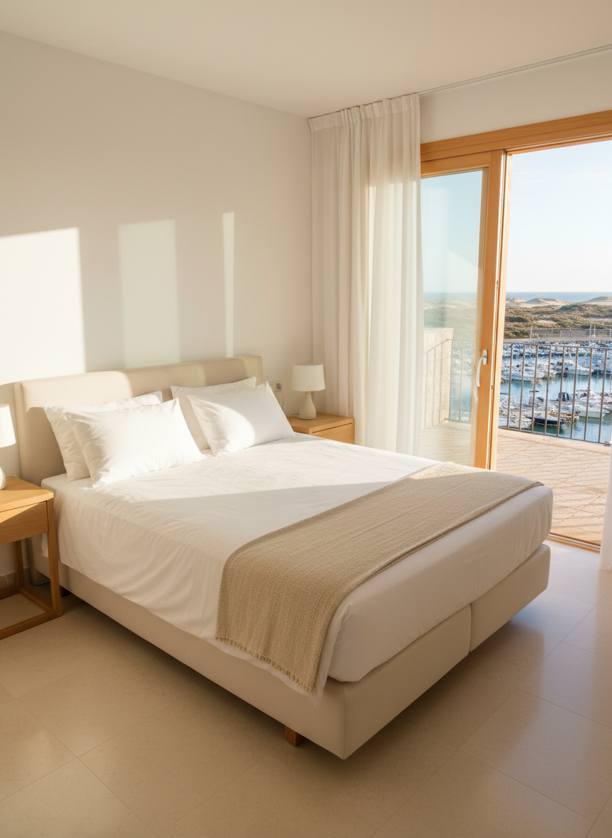 A refined master bedroom in a coastal holiday apartment near the Delta del Ebro, with a king-size bed dressed in crisp white cotton sheets and a pale sand-toned throw, framed by minimalist light-wood bedside tables. A large sliding glass door opens onto a private terrace overlooking La Ràpita’s marina and soft, distant dunes. Morning sunlight filters through sheer white curtains, casting delicate patterns across the neatly made bed and smooth ceramic tile floor. The mood is serene and luxurious, with photographic realism, composed using the rule of thirds from a slightly elevated corner angle to showcase both the intimate sleeping area and the luminous sea-view terrace beyond.