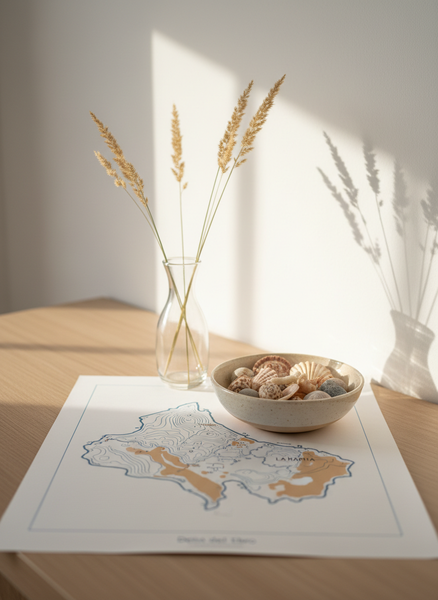 A detailed close-up of a tastefully arranged welcome still life on a console table inside a vacation apartment, emphasizing the Delta del Ebro setting. A smooth light-wood surface holds a clear glass vase with a few delicate coastal grasses, a shallow ceramic bowl filled with local seashells, and a minimalist map illustration of La Ràpita and the delta area printed on thick, textured paper, partially visible and without text. Soft late-morning light from a nearby window creates gentle highlights and soft-edged shadows on the white wall behind. Photographic realism, captured with a shallow depth of field and a centered composition, conveying a sophisticated, curated sense of place and reinforcing the coastal travel identity of Apartamentos Golden Beach.